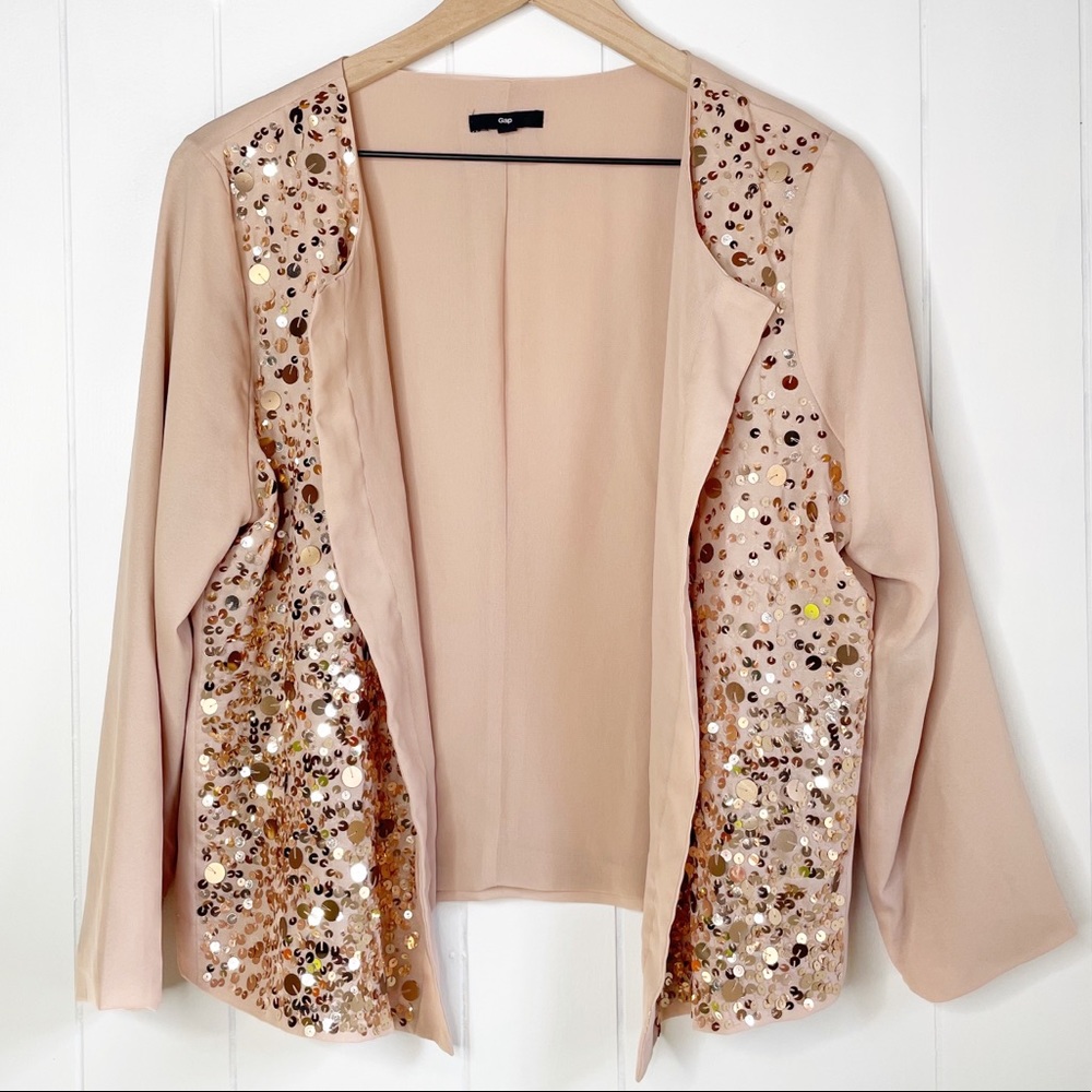 GAP Rose Gold Sequined High-Low Hem Open Front Sweater, Sz Large